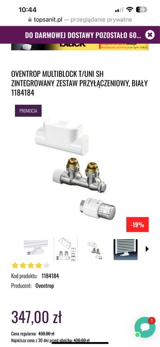 Kątowy zawór grzejnikowy biały Oventrop wraz z głowicą termostatyczną