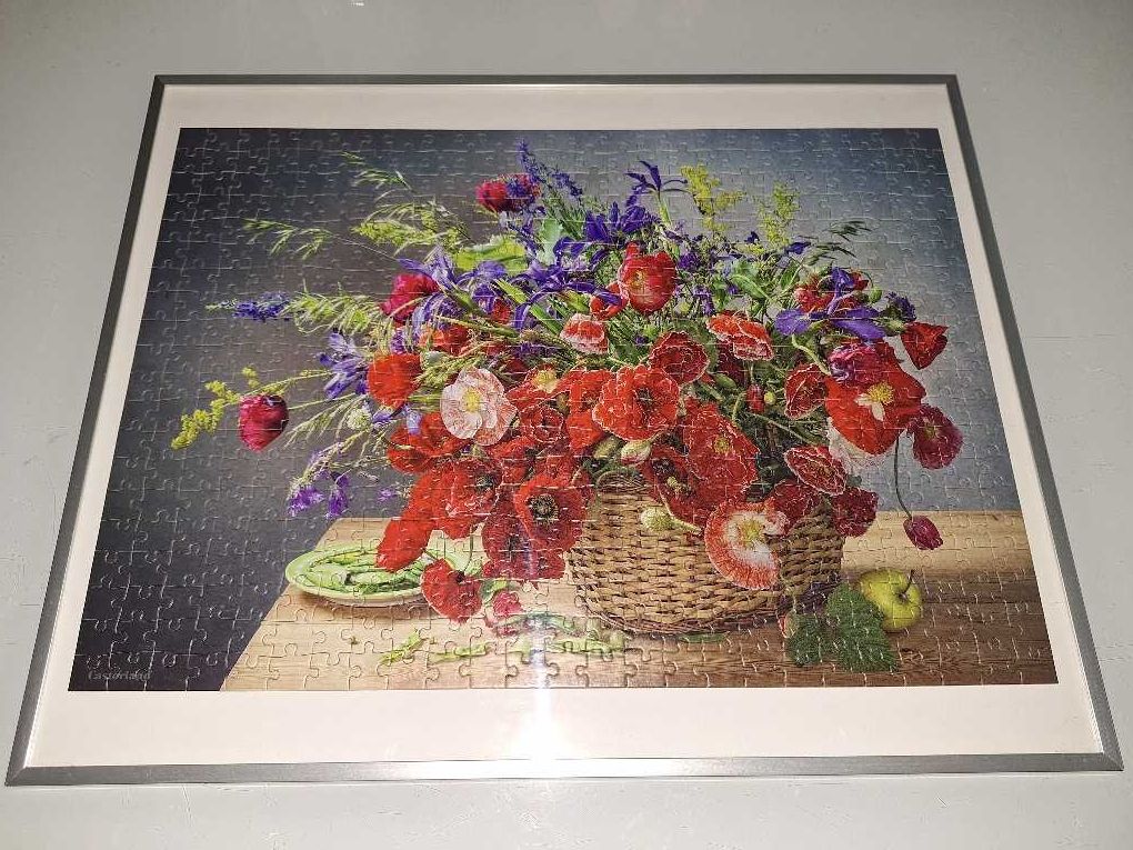 Obraz puzzle bukiet z makami w ramie srebrnej Stromby 40x50cm