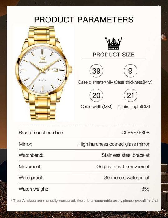 Zegarek męski złoty do garnituru 39mm klasyczny bransoleta box nowy