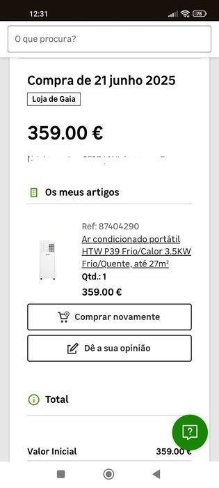 Ar condicionado portátil frio/quente 27m2 (como novo)