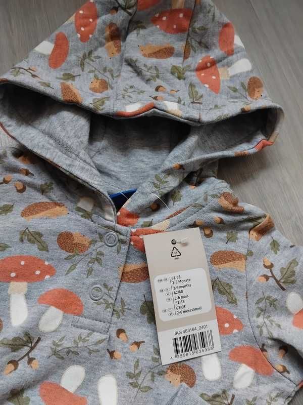 Dwie bluzy dla bliźniaków lupilu 62 68 jeże grzybki muchomorki