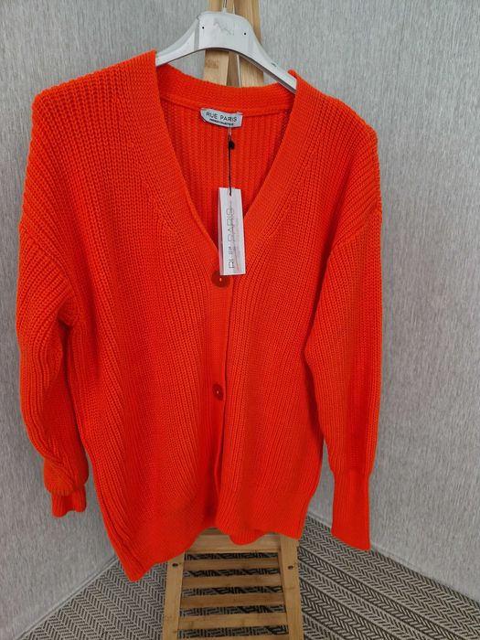 NOWY Sweter rozpinany prążek 3 guziki pomarańczowy