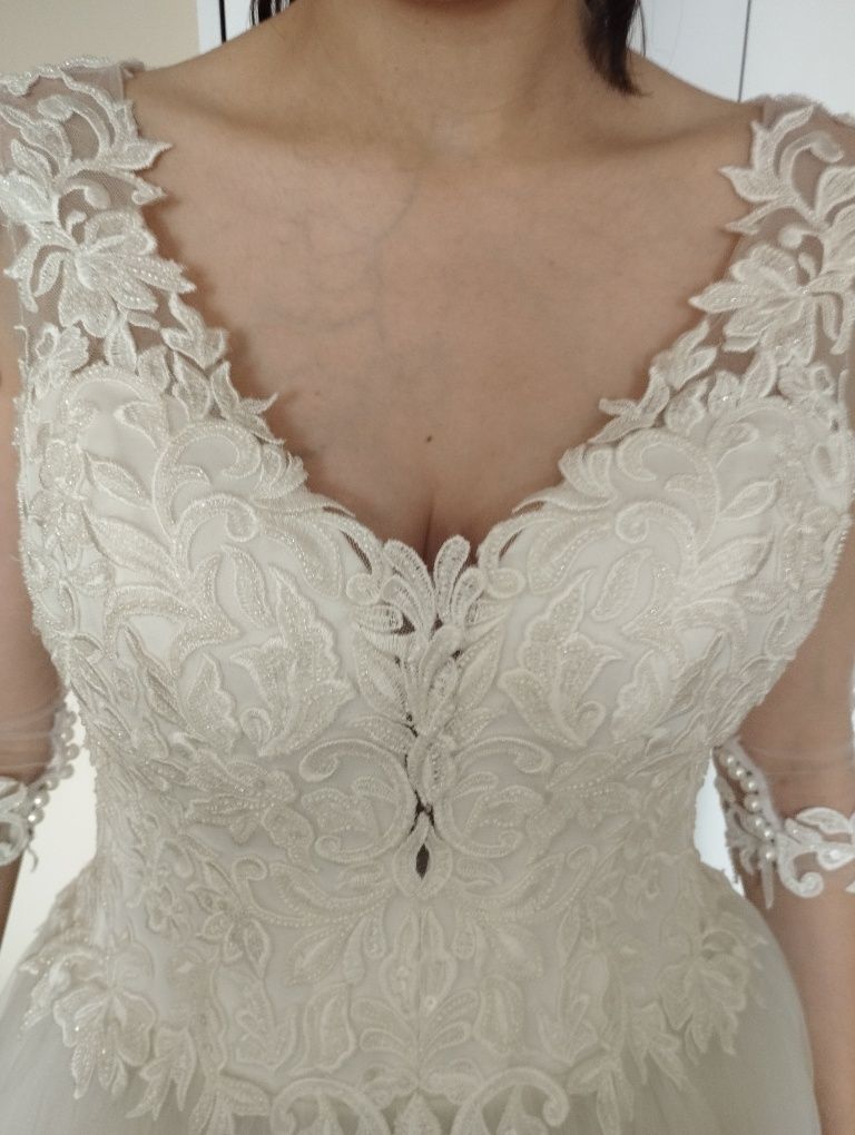 Suknia ślubna 38/40 biała koronka perła NOWA bride dress luxuary ślub