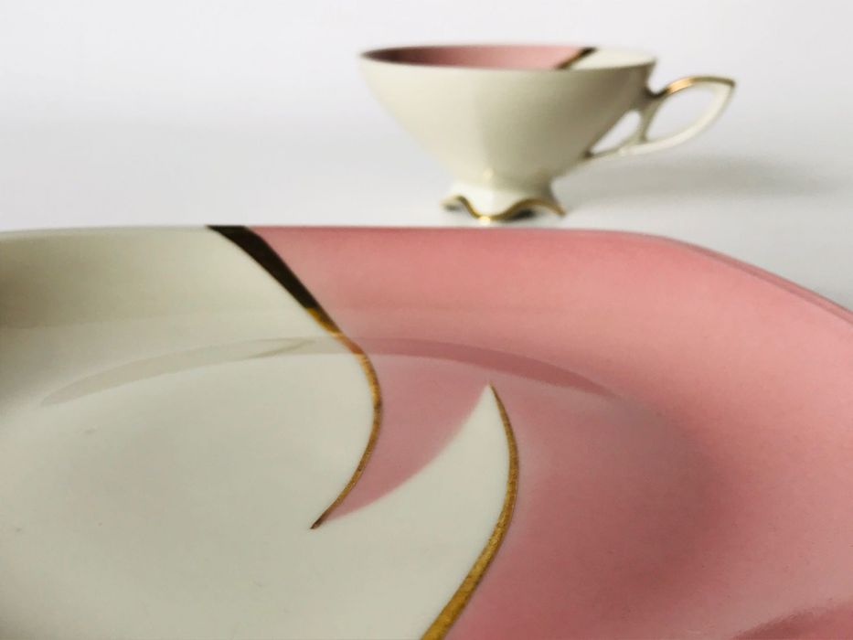 Duo śniadaniowe Mitterteich talerz filiżanka różowa lata 60.