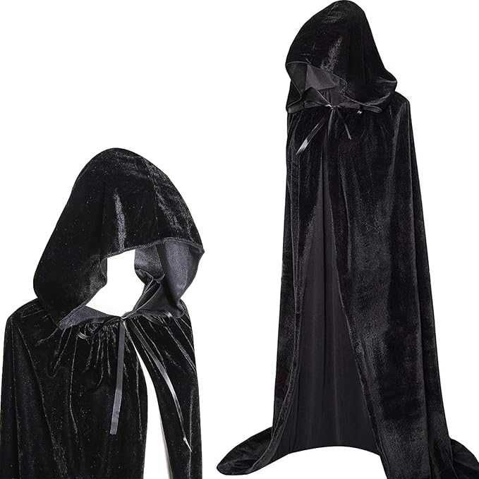 Czarna peleryna na Halloween z kapturem, aksamitna, 190 cm