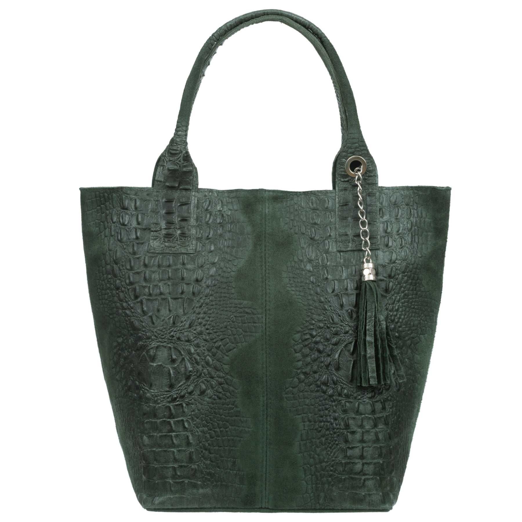 VERA PELLE torebka zamszowa shopper kroko na ramię V141 c.zielona