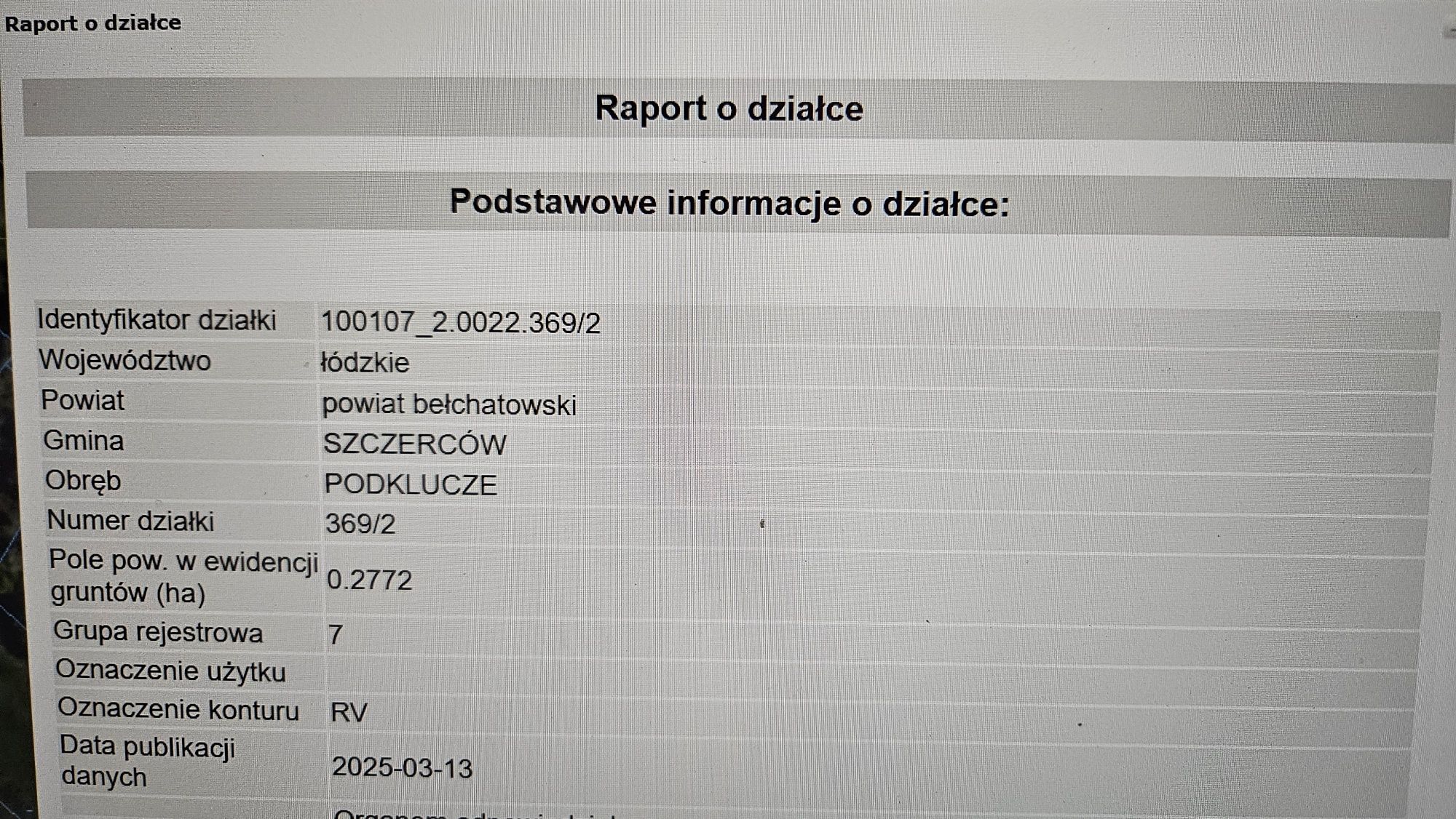 Działka Szczerców Podklucze 2769m WNIOSEK WZ