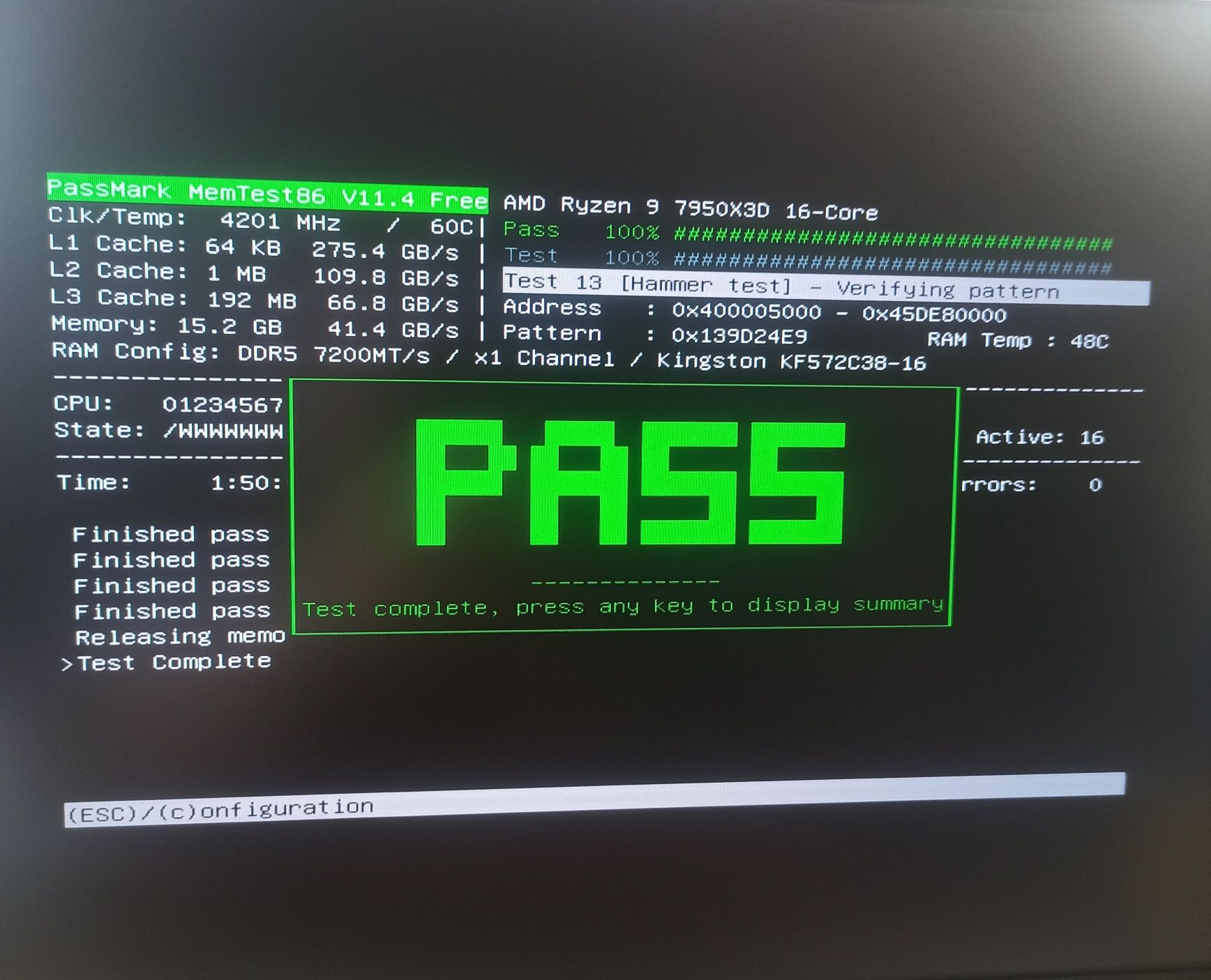 Kingston FURY DDR5 7200MHz 16GB RGB Тест на стенді перед відправкою