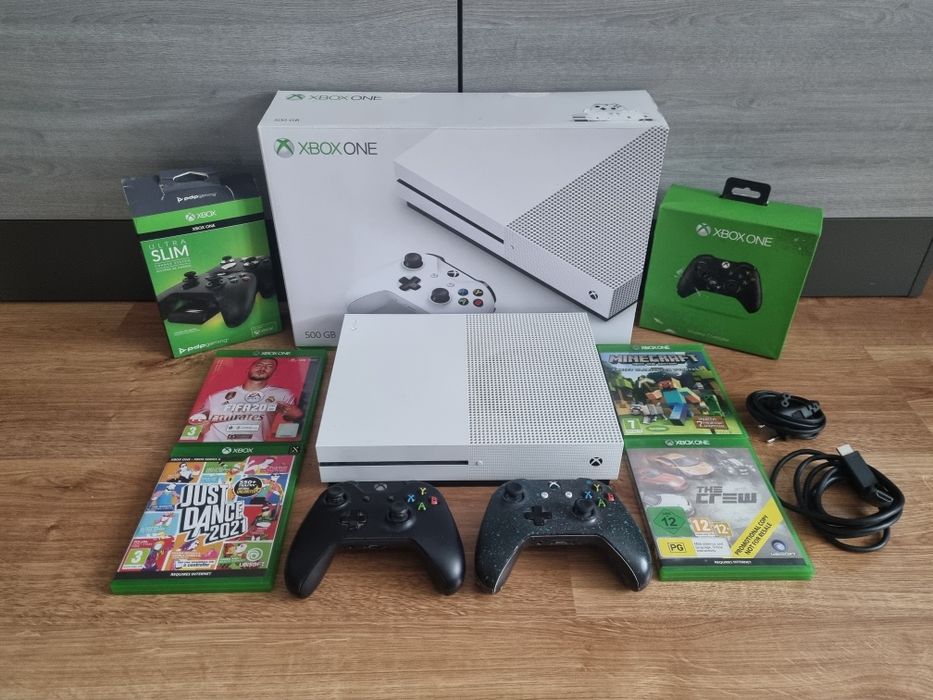 Xbox One s 500gb, 2 pady, 4 gry, Pudełko, Ładowarka, Dowód zakupu