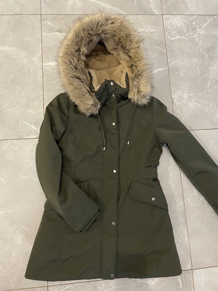 Zara kurtka zimowa parka miś futerko M 38 khaki płaszcz