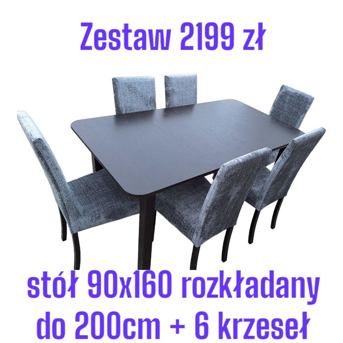 Stół 90x160/200 + 6 krzeseł, NOWE, Kolor do wyboru, dostawa cała PL