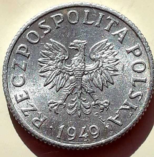 Moneta 1 grosz 1949 destrukt menniczy z runą Fehu zamiast kropki