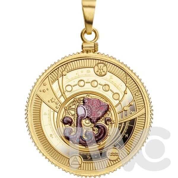 Zawieszka, Medal Znaki Zodiaku- WODNIK- Kamerun 2018 srebro pozłacane