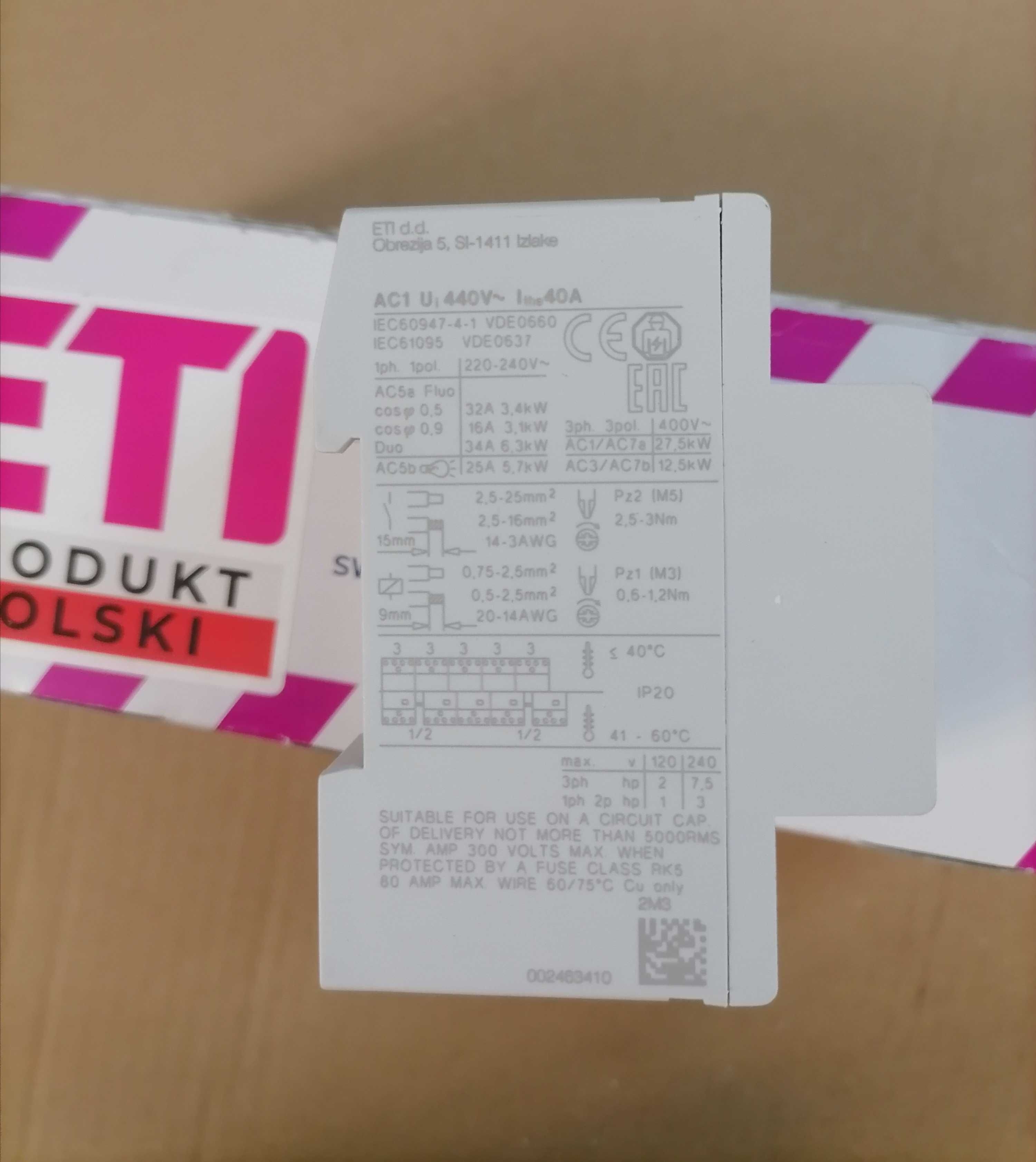Stycznik ETI 40A modułowy 3 fazowy 4P 230V R40-40 na szyne NOWY