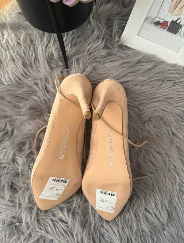 Szpilki beżowe wiązane eleganckie wizytowe minimal high heels 39/39,5