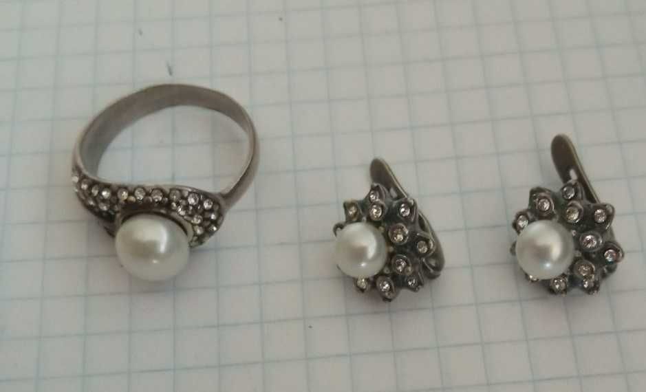 комплект бусы, серьги кольцо  с натуральными жемчугом мельхиор серебро