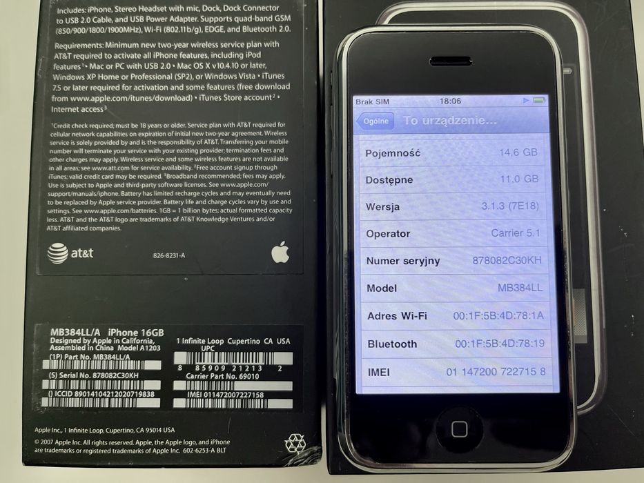 iPhone 2G 1G 1 generacja 16 GB zestaw