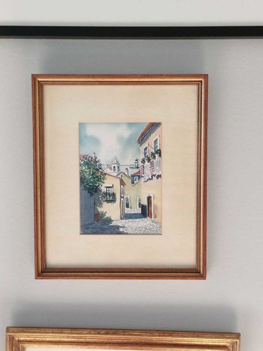 Quadro aguarela original vintage assinada emoldurada, de Lisboa Alfama