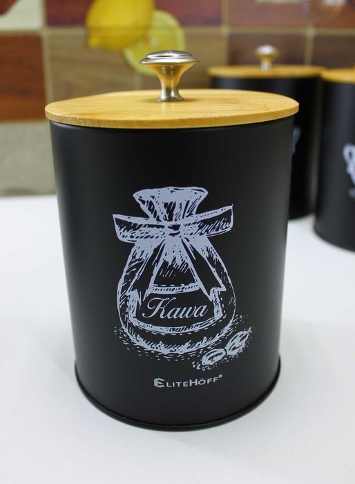 Pojemniki czarne puszki Kawa Herbata Cukier Sól z Maselniczką E6055