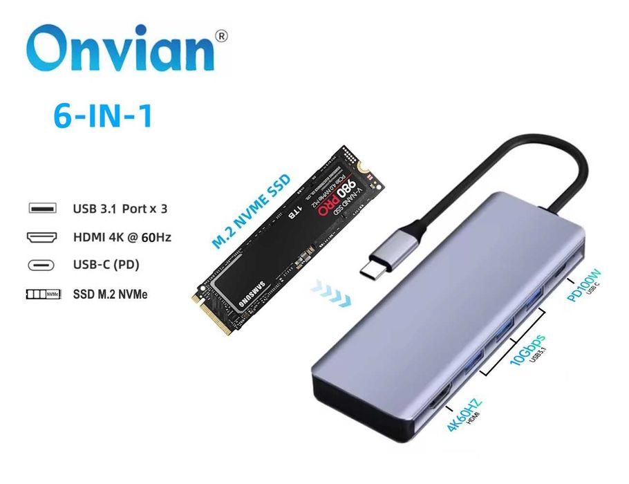 Адаптер Onvian 6in1 HUB USB-C to USB-3шт, HDMI, USB-C PD100W, SSD NVMe