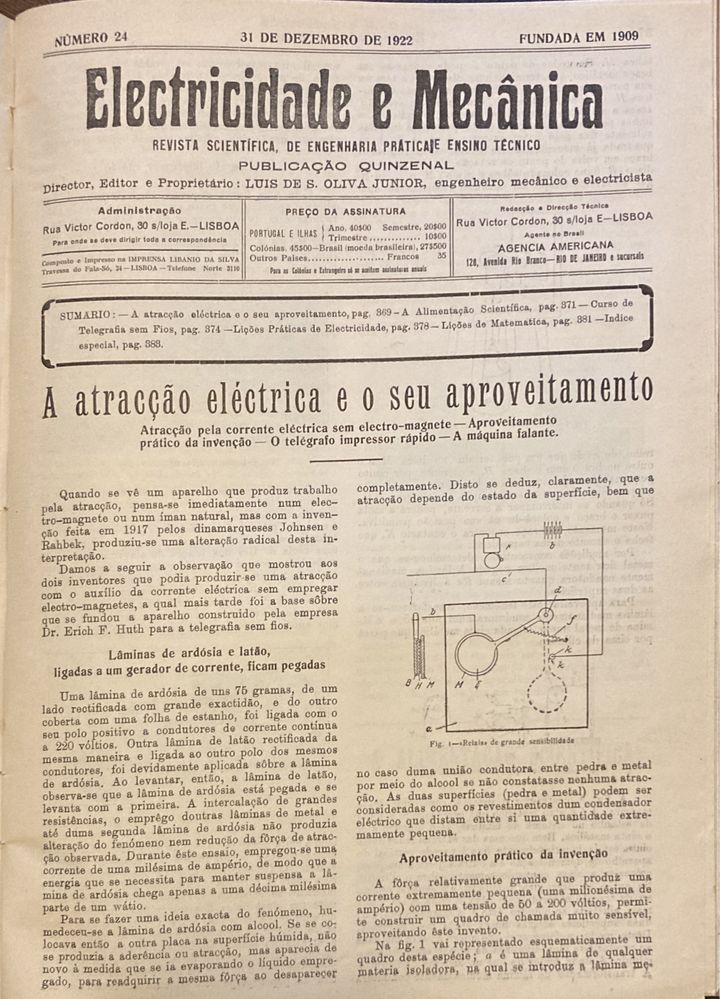 Revista antiga Electricidade e Mecânica 1922