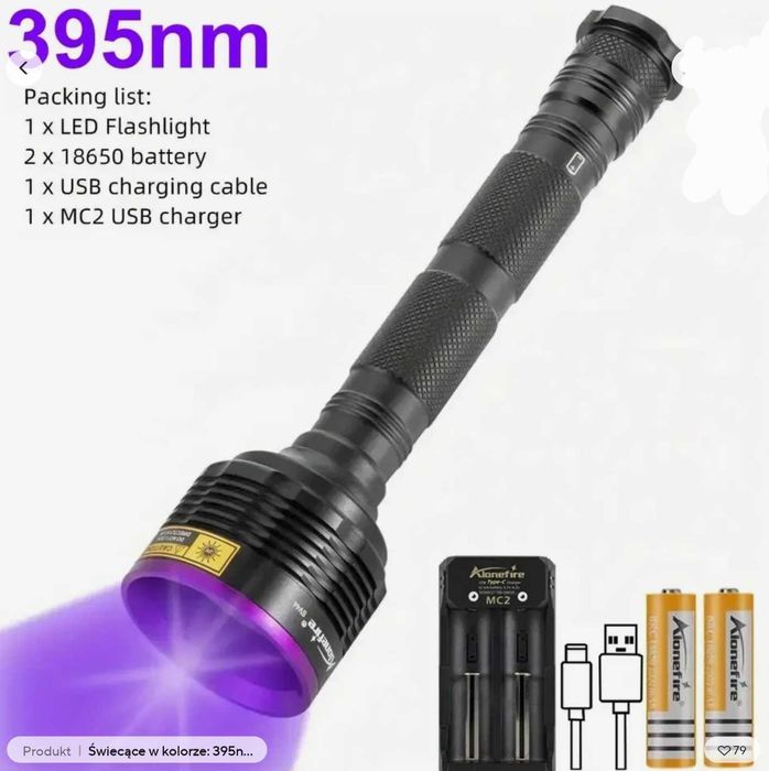 Latarka UV AloneFire SV56 30W 6 x395nm srebrny klosz plus ŁADOWARKA