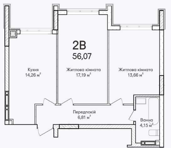 Двокімнатна квартира 57.2м² поруч парк.