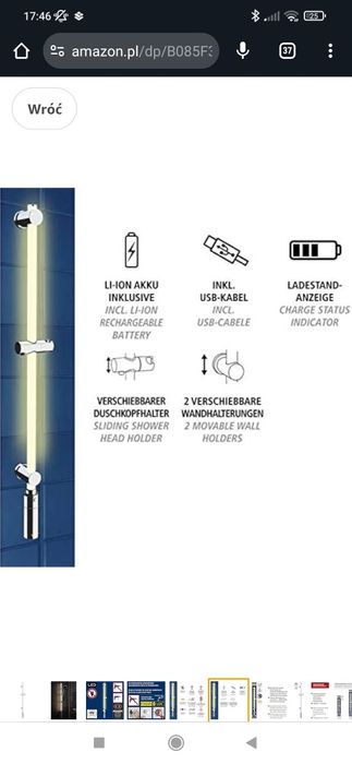 Drążek prysznicowy z podświetlanymi diodami LED, uchwyt prysznicowy