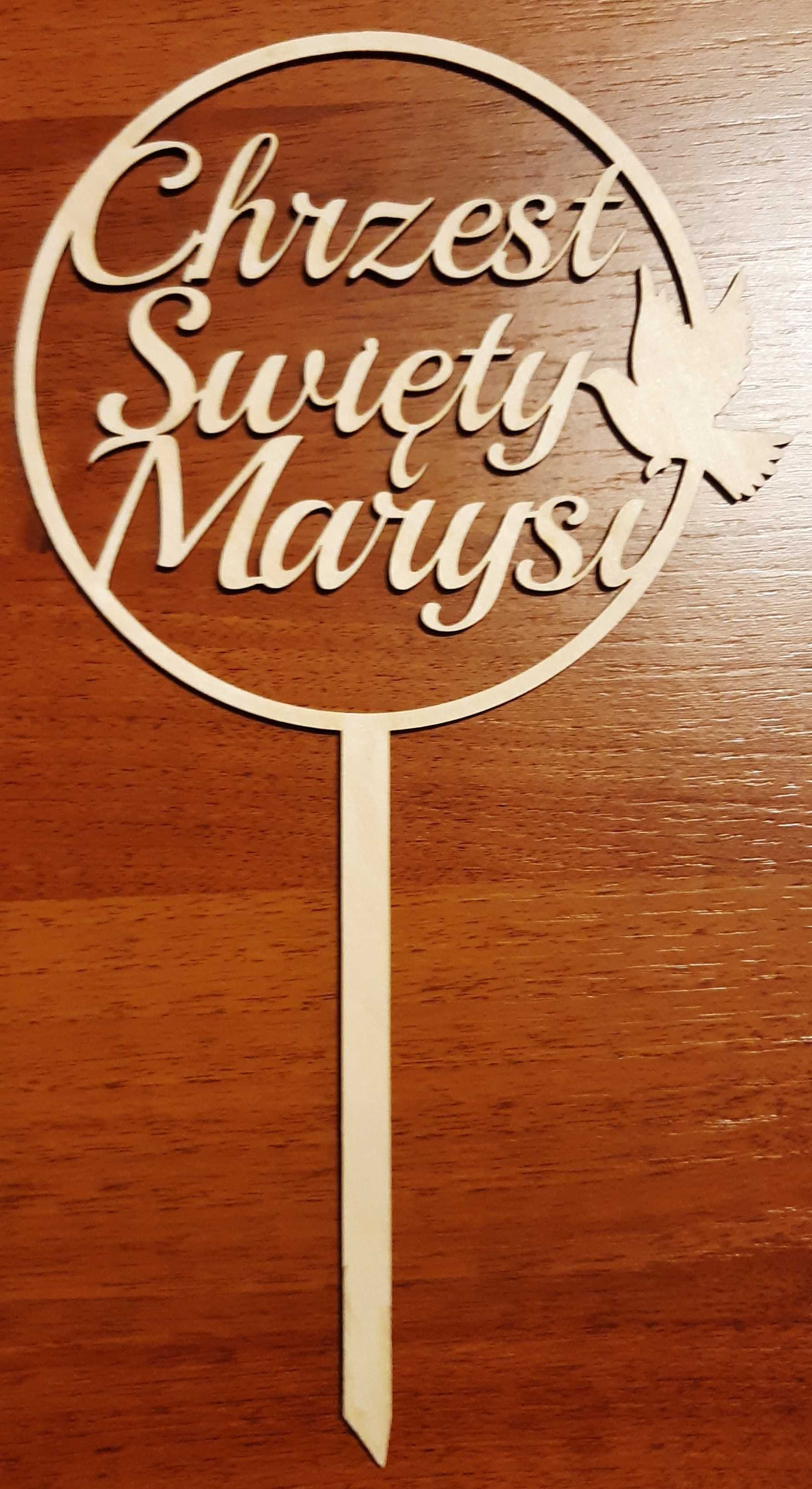 Topper na tort drewniany Chrzest Święty, imię, gołąbek