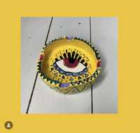 Żółta gliniana ceramiczna popielniczka oko magia Pinterest