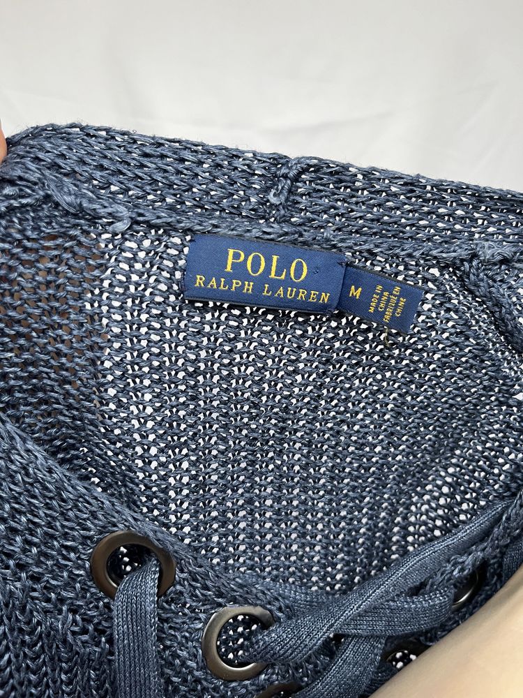 Lniany granatowy sweterek z wiązaniem polo ralph lauren M