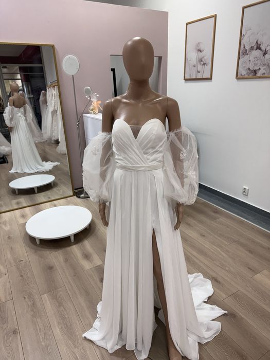 Nowa muślinowa sunia ślubna z gorsetem i bufkami gładka boho 38