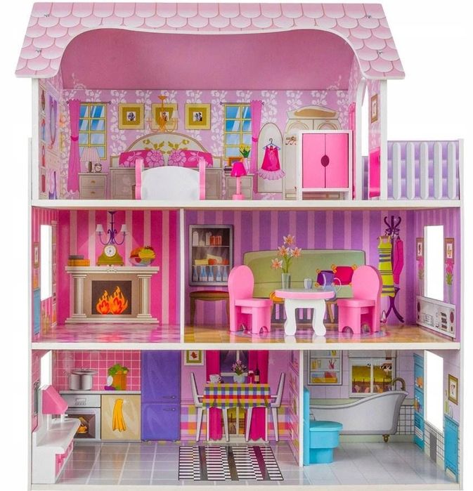 Великий дерев’яний ляльковий будиночок MD 2668 3 поверхи рожевий
