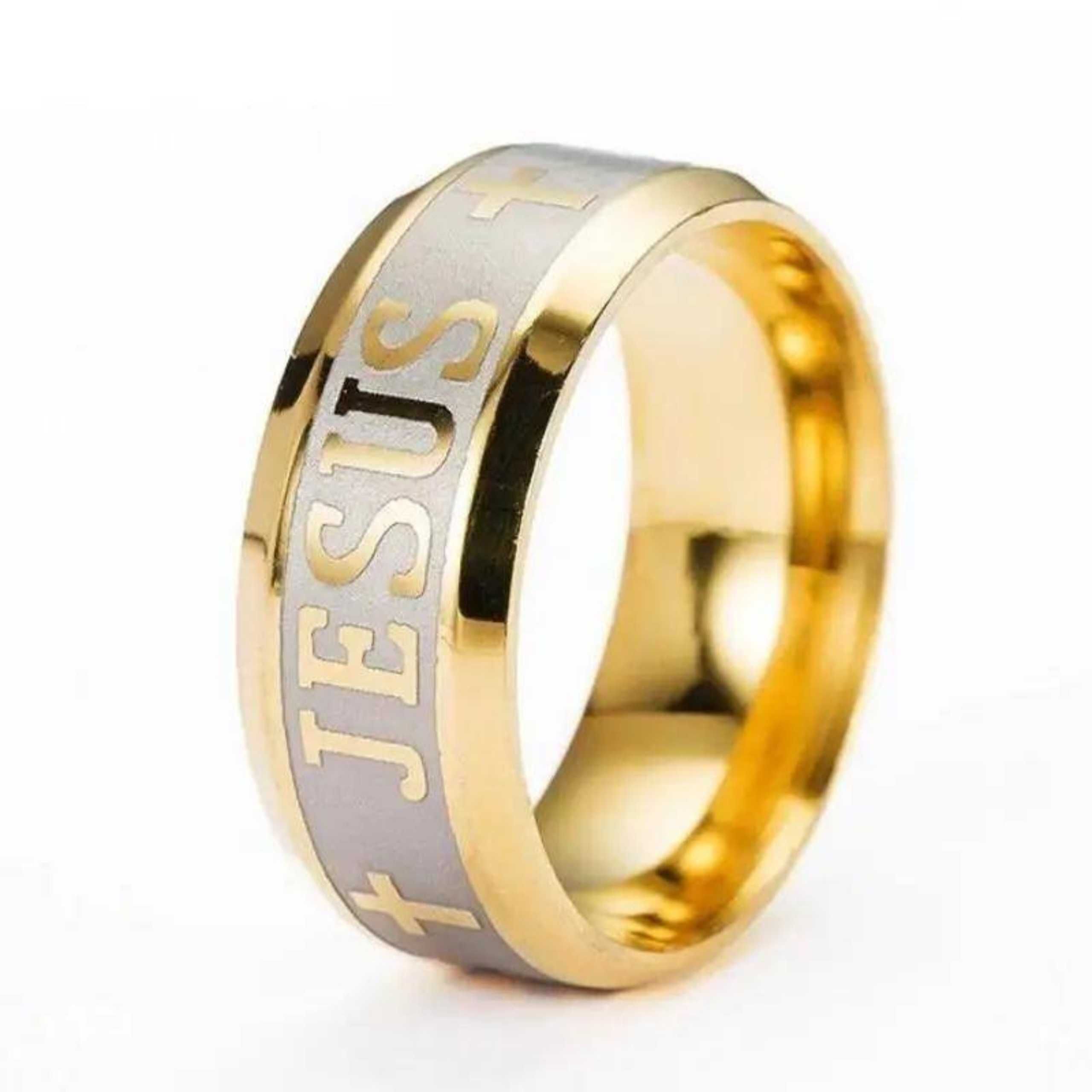 Sygnet stalowy Jezus wiara chrześcijaństwo pierścionek katolicki złoty
