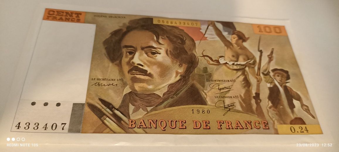 100 francos de 1980 em ótimo estado