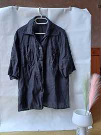 Piękna porządna czarna bluzka lniana len 100% kieszenie 54 XXL XL 3XL