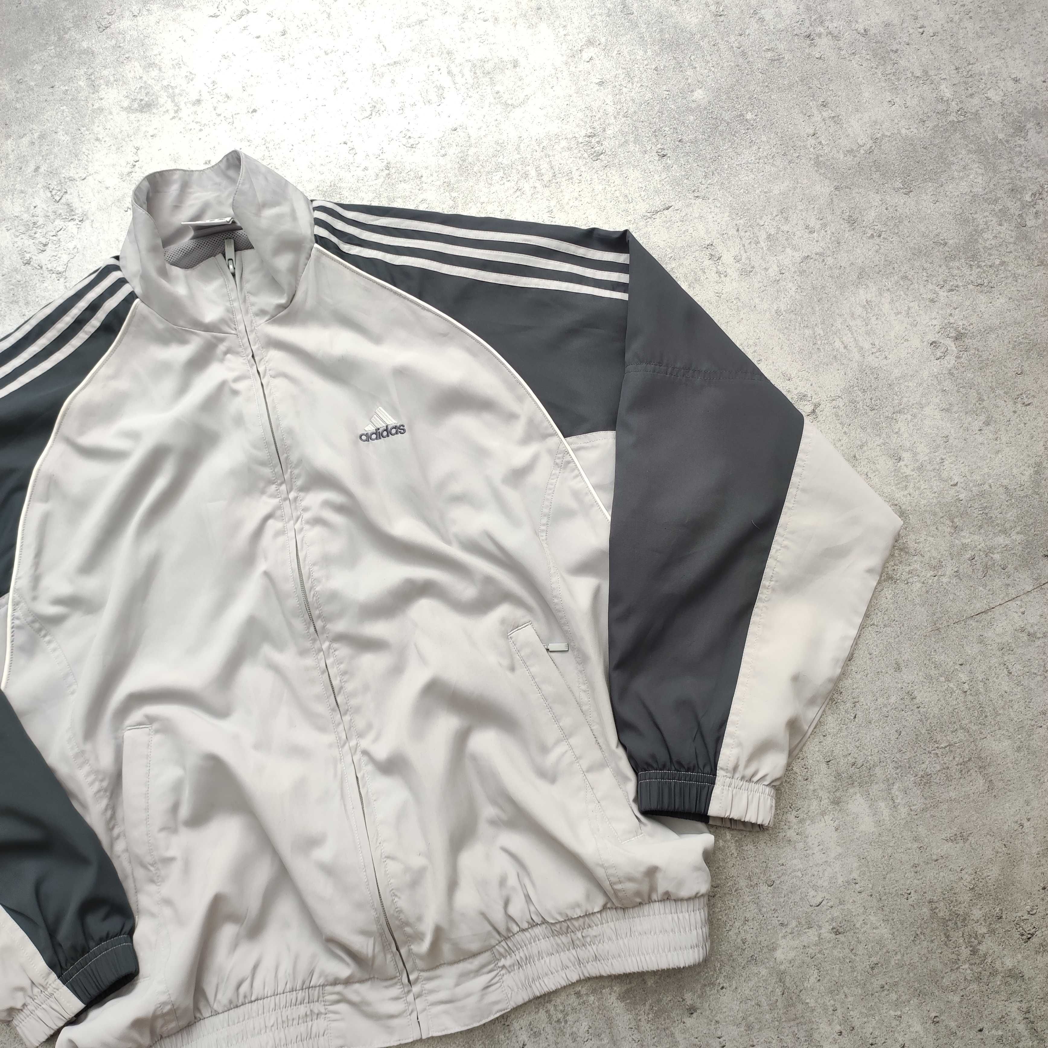 MĘSKA Retro Kurtka Wiatrówka Bluza Suwak 3 Paski Adidas Szara Sport