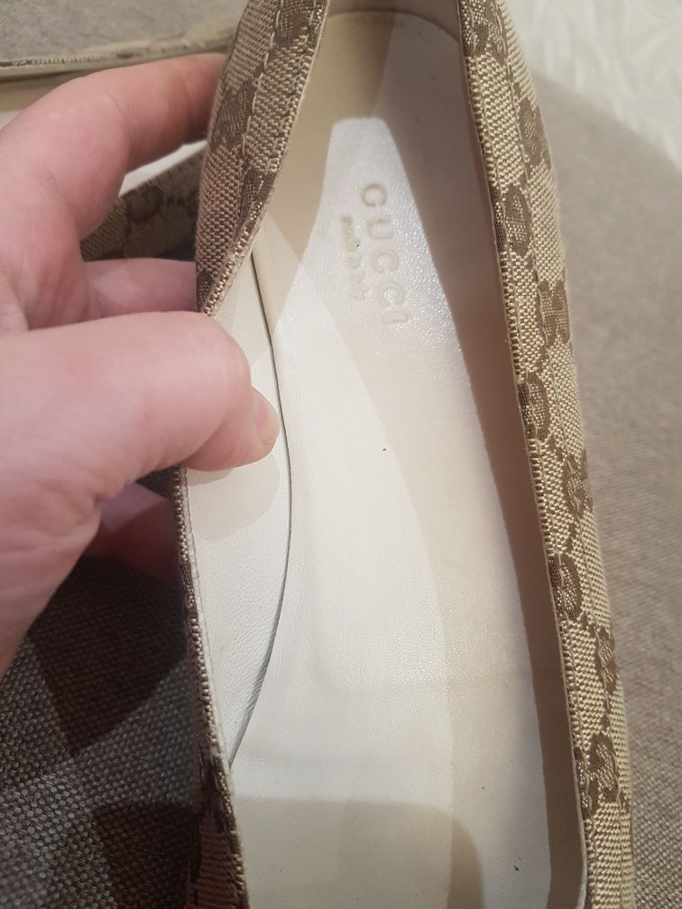 gucci brown leather gg web canvas flats