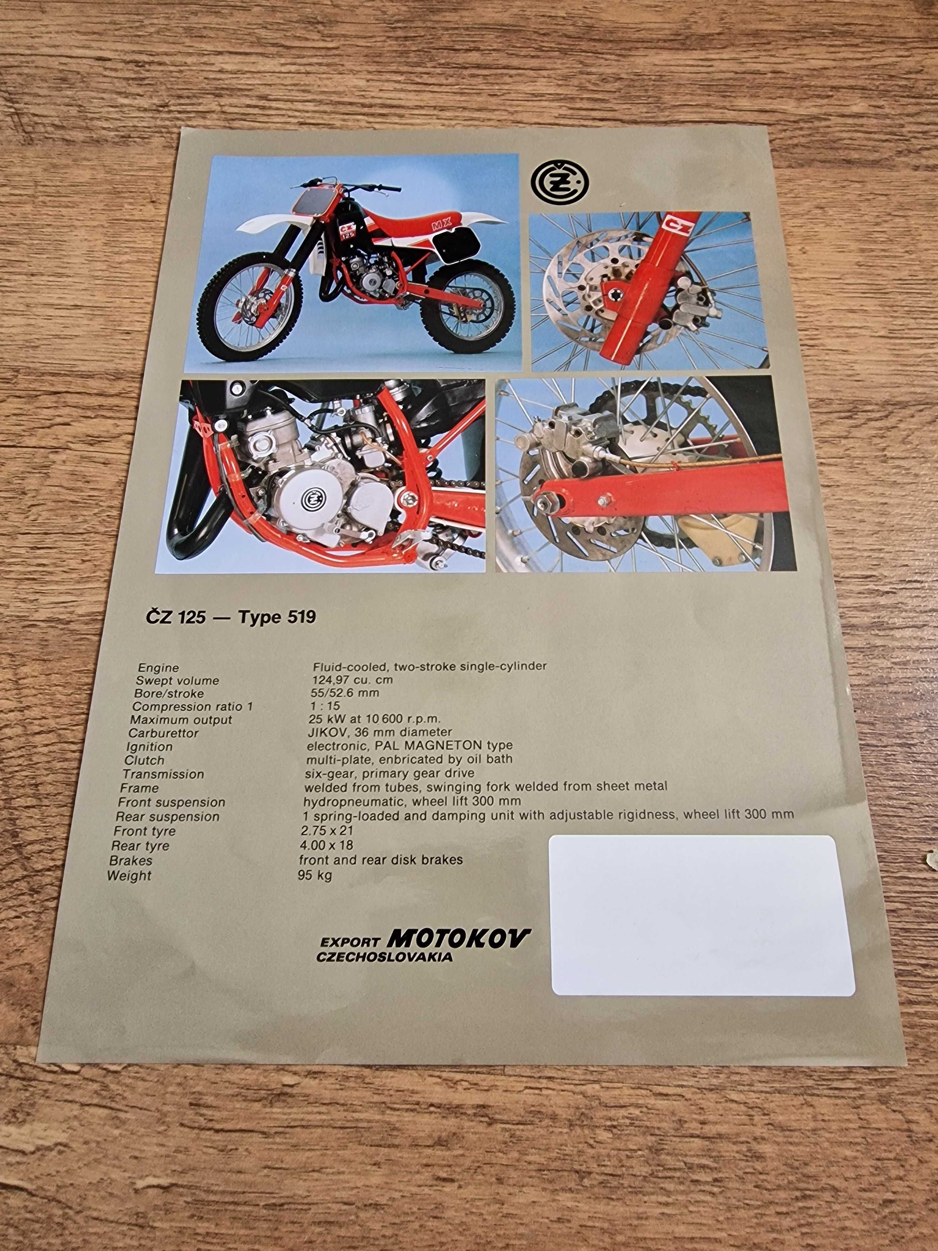 Motocykl CZ 125 MX Cross Enduro Typ 519 broszura reklamowa Motokov