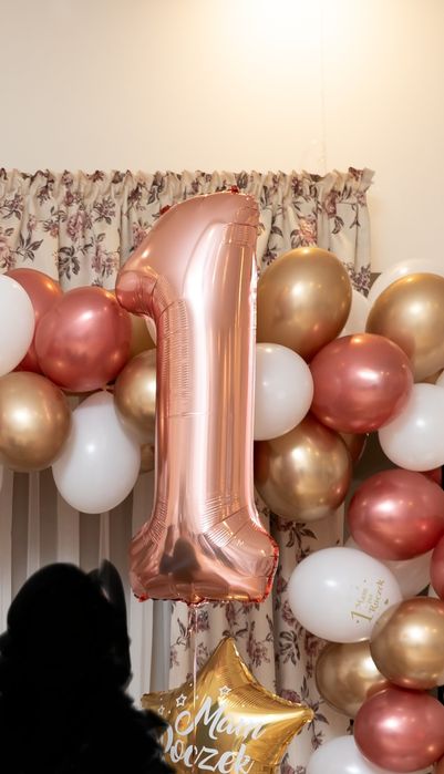 Napis Roczek balony różowe złoto + cyfra jeden