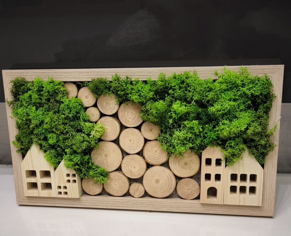 Obraz mech chrobotek kompozycja plastry drewna domki