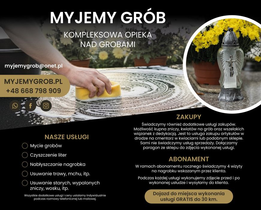 Mycie sprzątanie nagrobków pomników grobów prace na cmentarzu przy pom