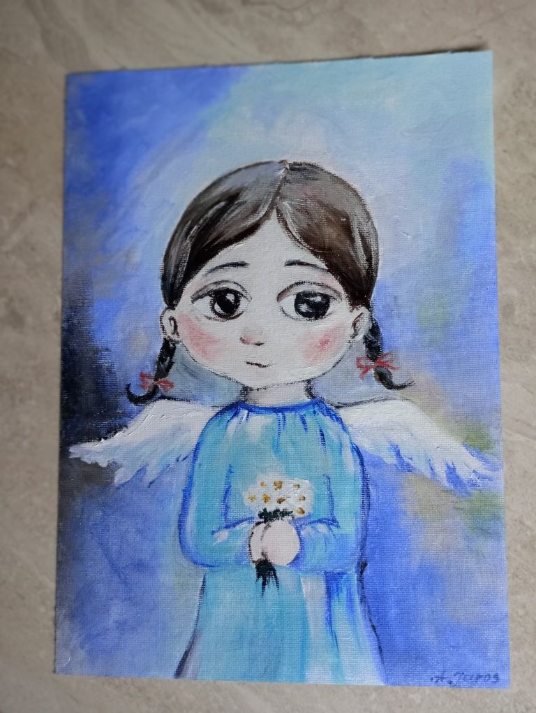 Anioł obraz olejny malowany na płótnie, dziewczynka aniołek