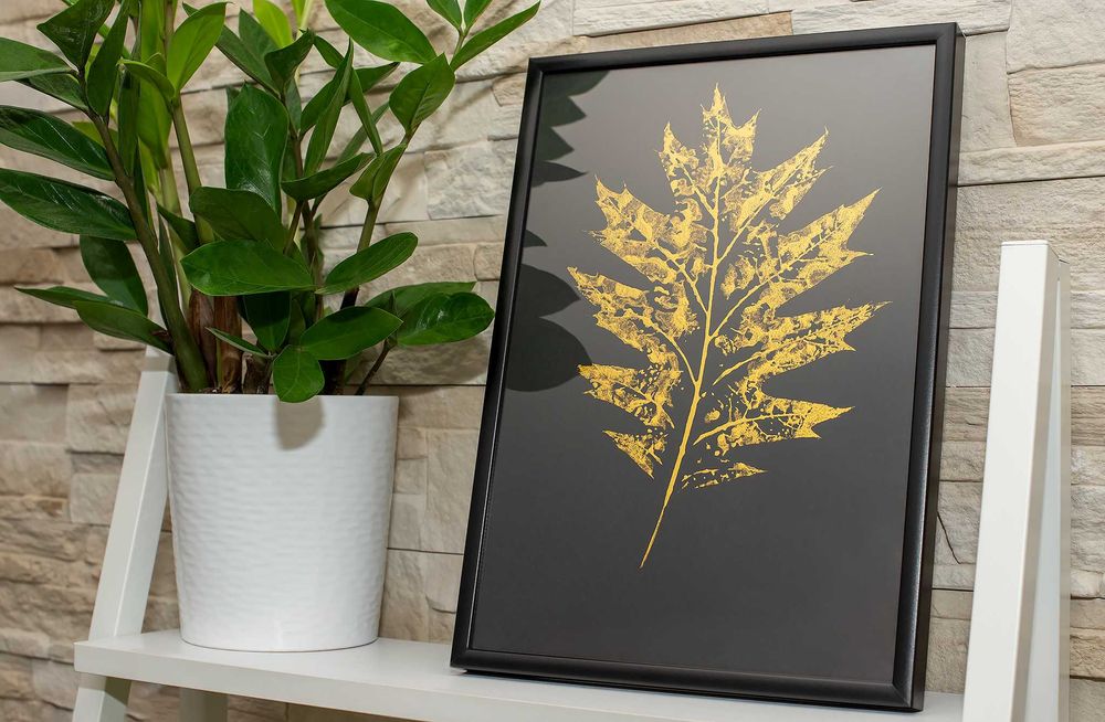 Obrazek. Plakat botaniczny. Monoprint. Złoty Liść Dąb ramka Alu A4