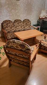 Komplet PRL retro kanapa fotele - drewno