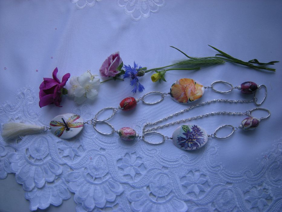 kolorowy naszyjnik 96cm kwiaty ważka chwost decoupage