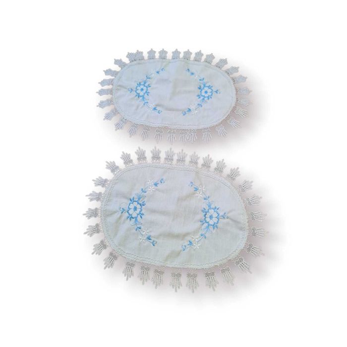 Conjunto (03) Centros Mesa Bordados à Mão – Flor Azul Renda Croché