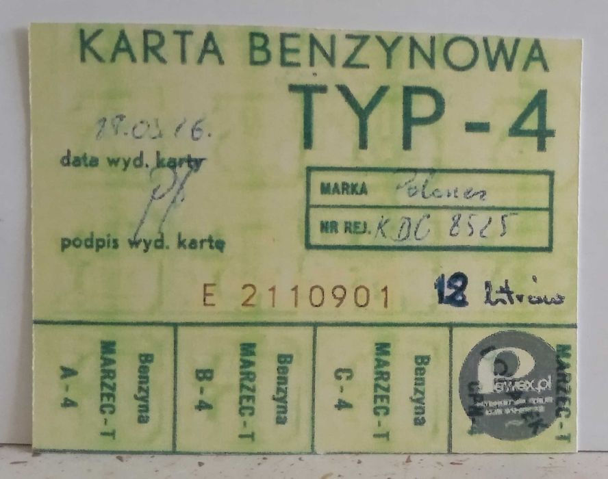 02 - Sprzedaż na kartki PRL Karta Benzynowa Pewex Atrapa (skala 1:1)