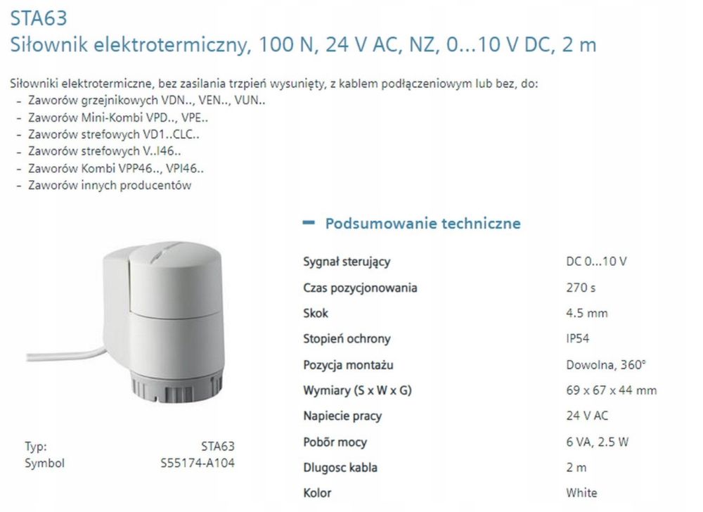 siłownik elektrotermiczny Siemens STA63