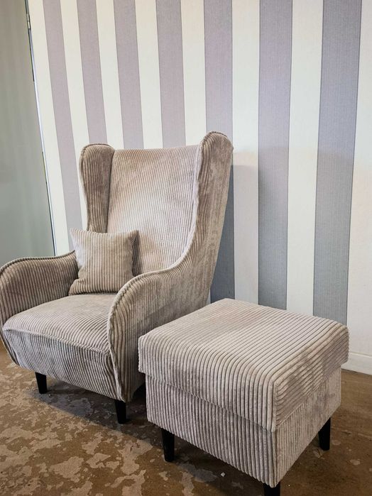 Fotel uszak MAX z podnózkiem od ręki. Sztruks Poso2 beż.